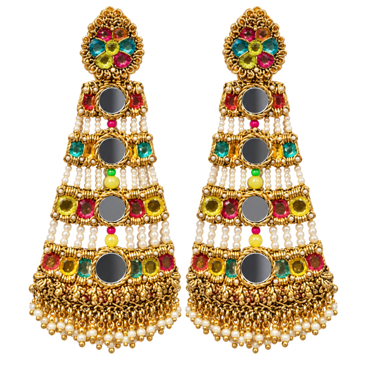 The Jaipur Palace – Hand-Embroidered Mirror Statement Earrings
