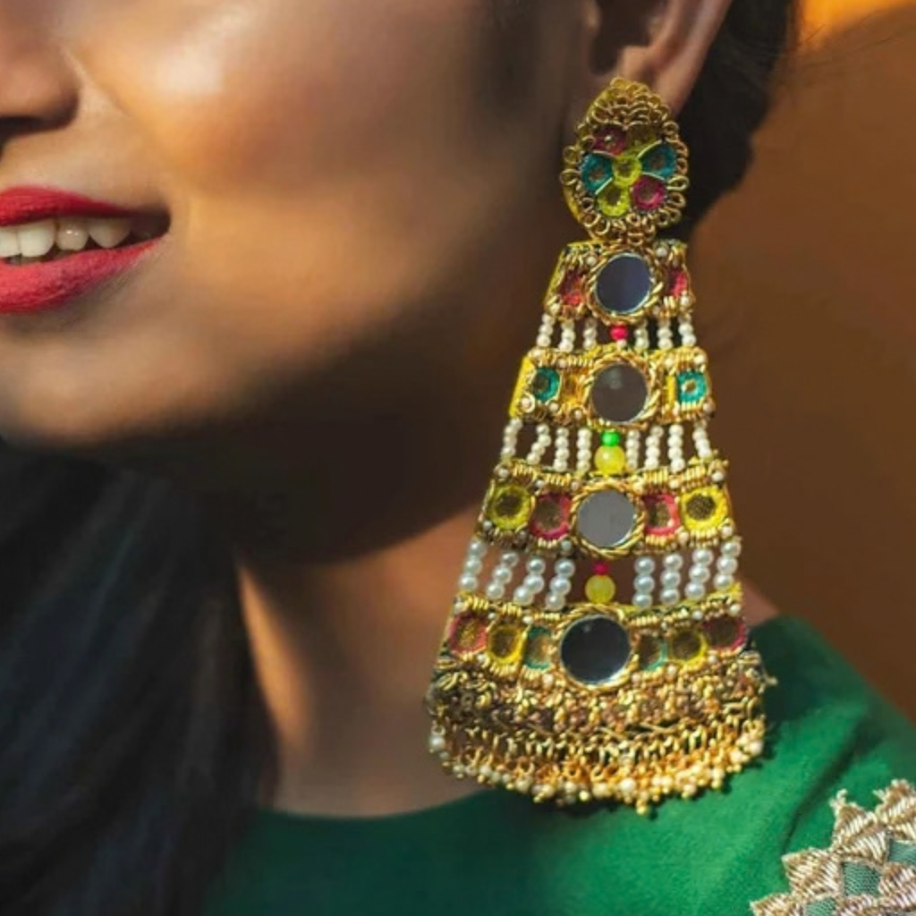 The Jaipur Palace – Hand-Embroidered Mirror Statement Earrings