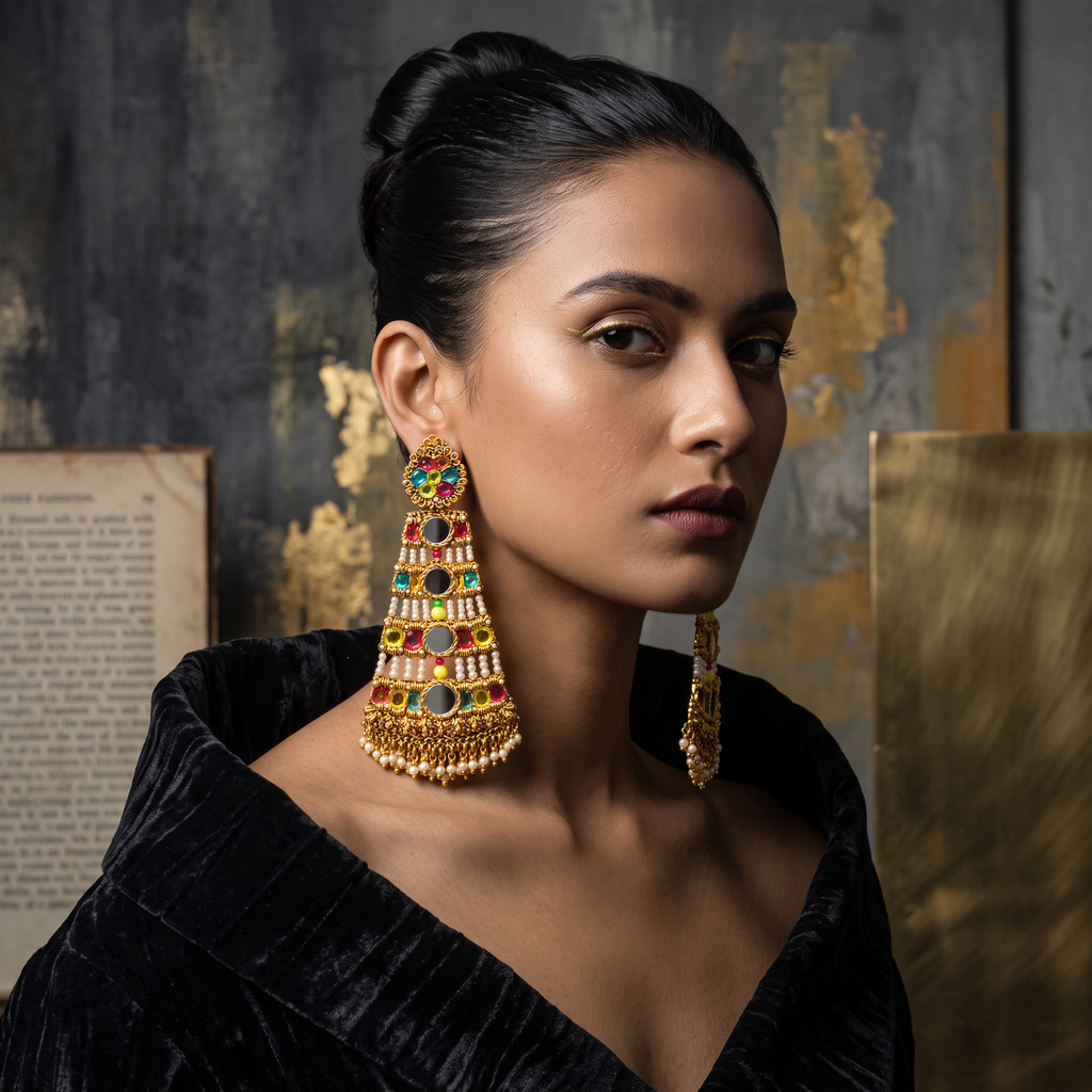 The Jaipur Palace – Hand-Embroidered Mirror Statement Earrings