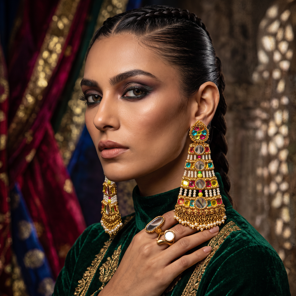 The Jaipur Palace – Hand-Embroidered Mirror Statement Earrings
