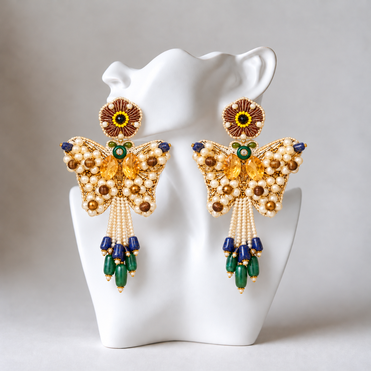 The Mariposa Pearl – Hand-Embroidered Butterfly Statement Earrings