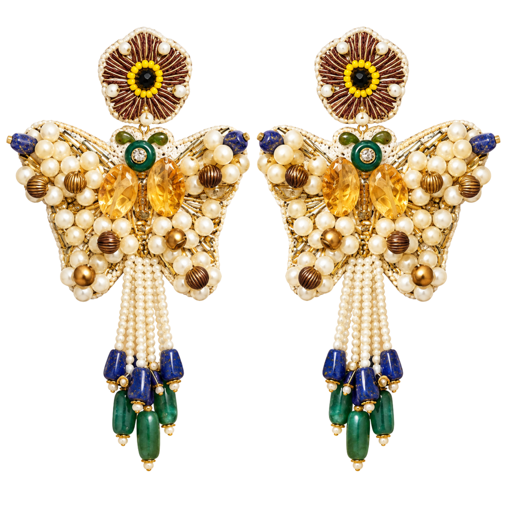 The Mariposa Pearl – Hand-Embroidered Butterfly Statement Earrings