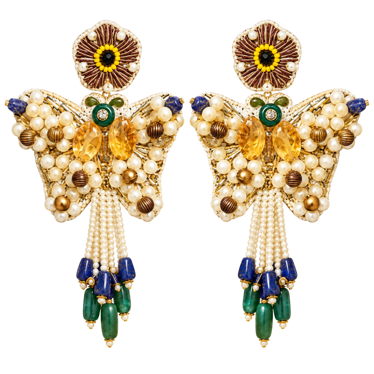 The Mariposa Pearl – Hand-Embroidered Butterfly Statement Earrings