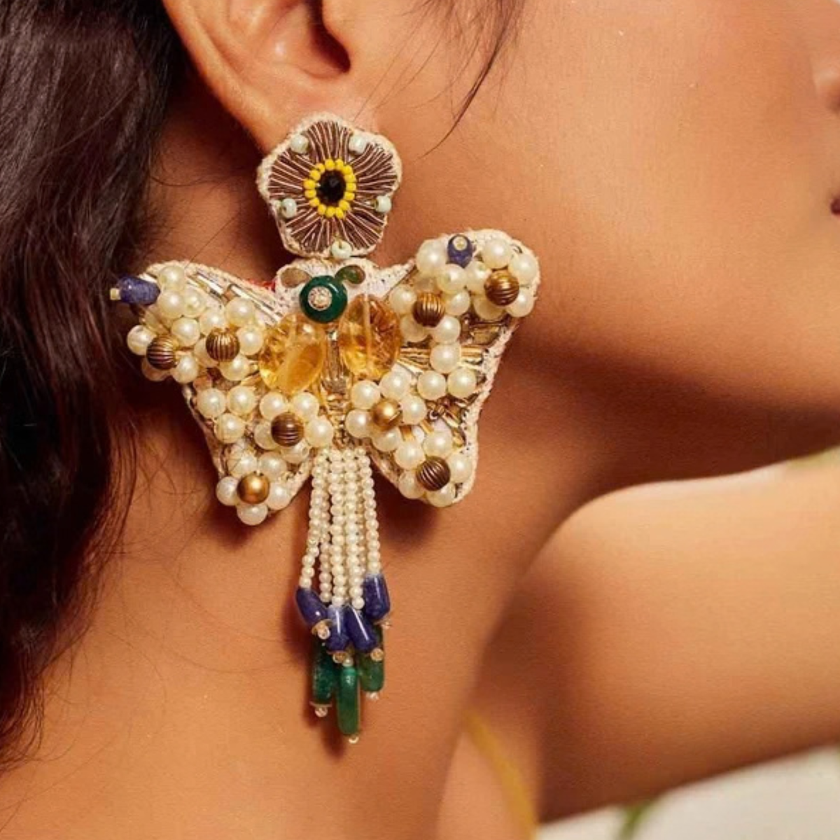 The Mariposa Pearl – Hand-Embroidered Butterfly Statement Earrings