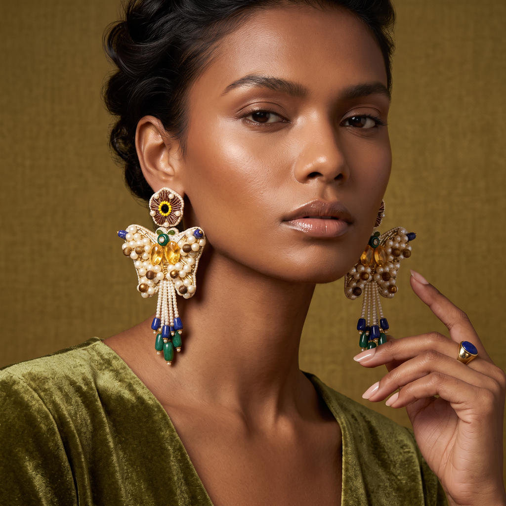 The Mariposa Pearl – Hand-Embroidered Butterfly Statement Earrings