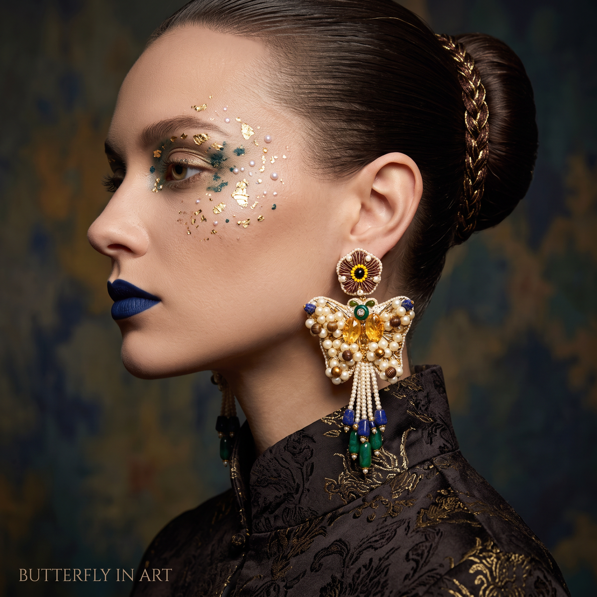 The Mariposa Pearl – Hand-Embroidered Butterfly Statement Earrings