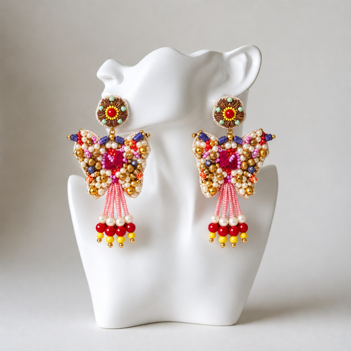 The Jaipur Butterfly – Hand-Embroidered Beaded Statement Earrings