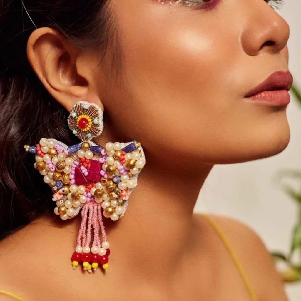 The Jaipur Butterfly – Hand-Embroidered Beaded Statement Earrings