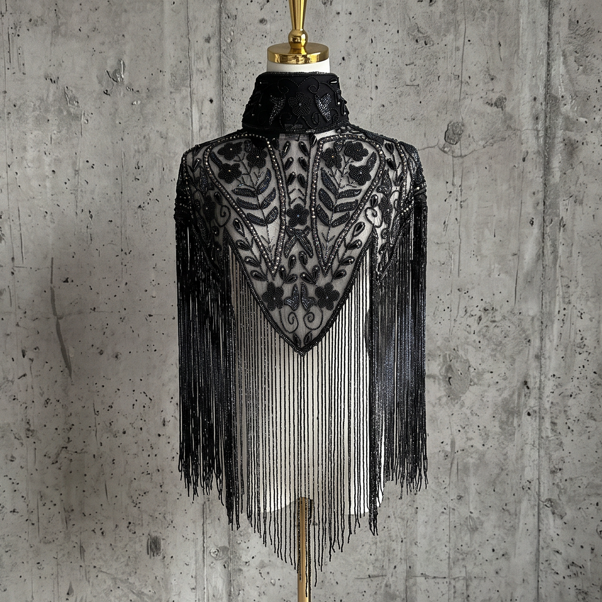 Noir Jardin Beaded Capelet, Black Fringe Cape