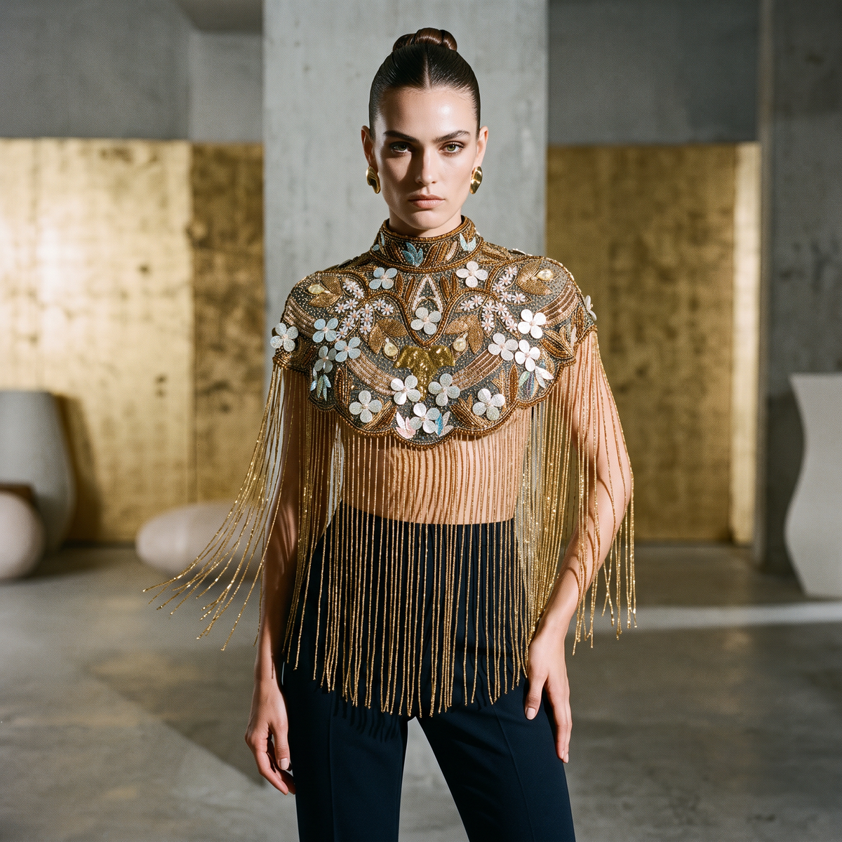 The Elowen | Hand-Beaded Botanical Fringe Cape