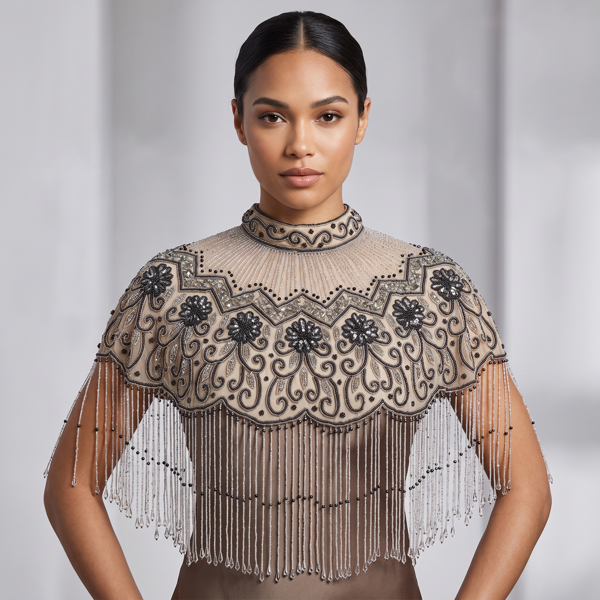 The Odette | Ivory & Blue Floral Beaded Capelet