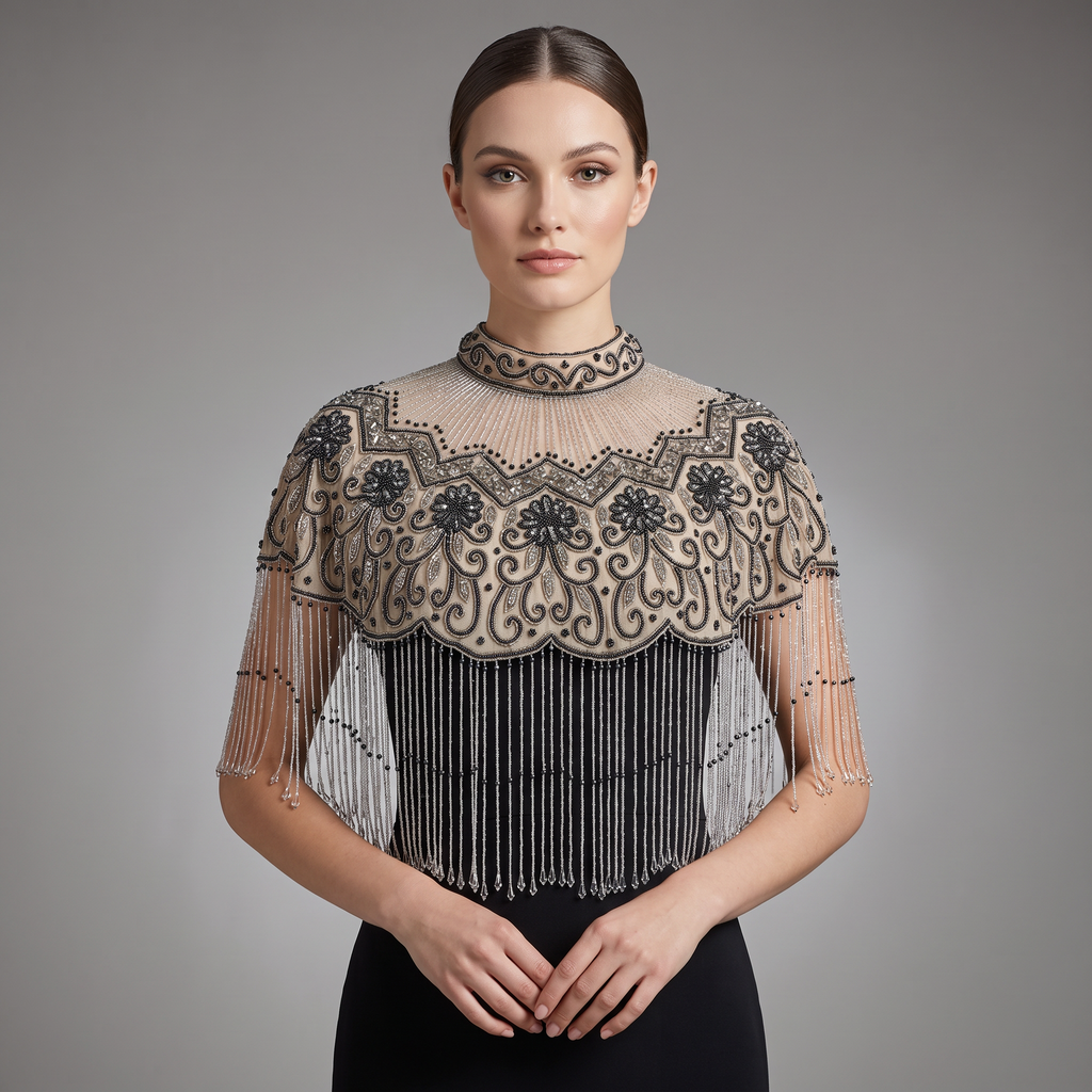 The Odette | Ivory & Blue Floral Beaded Capelet