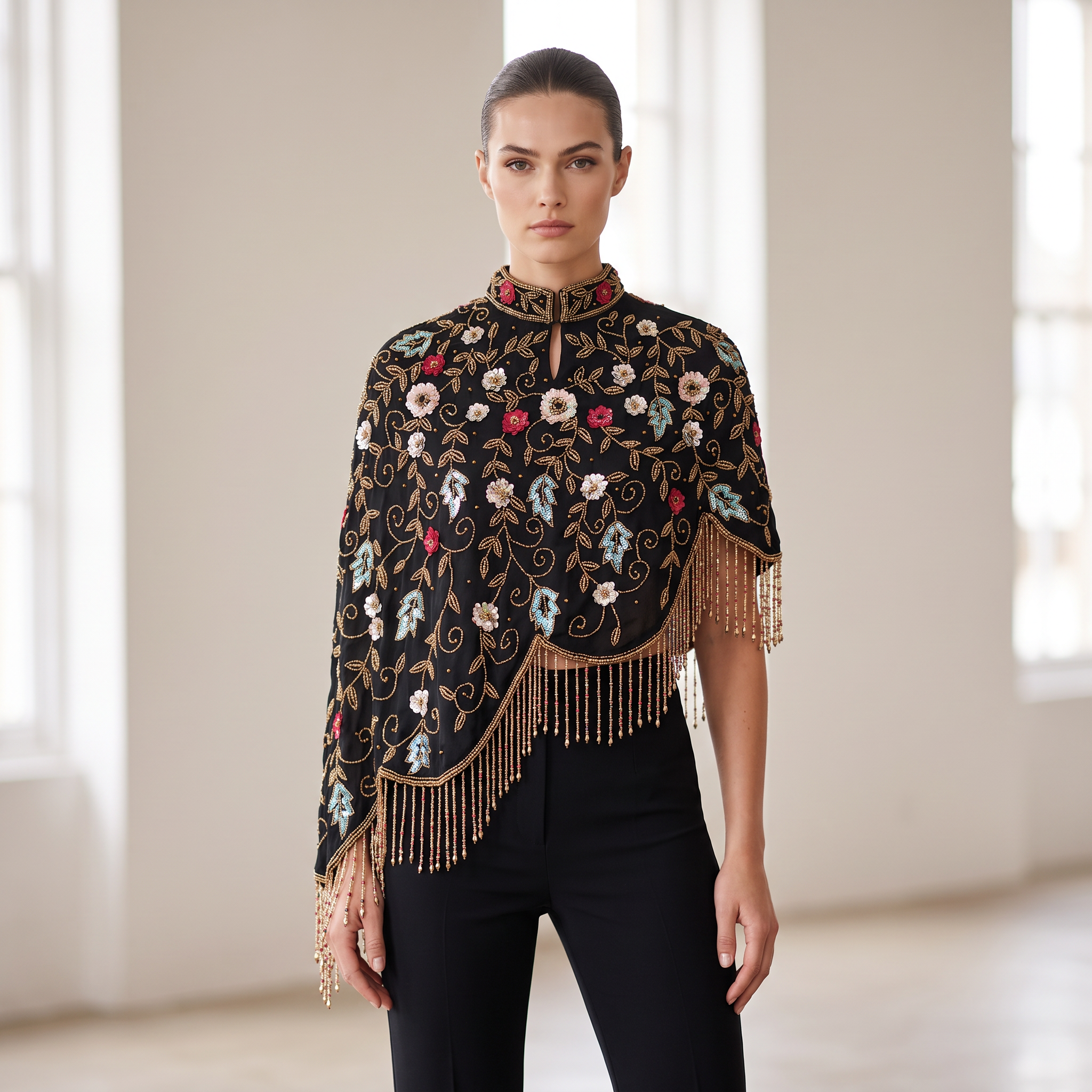Midnight Botanica Asymmetrical Beaded Cape