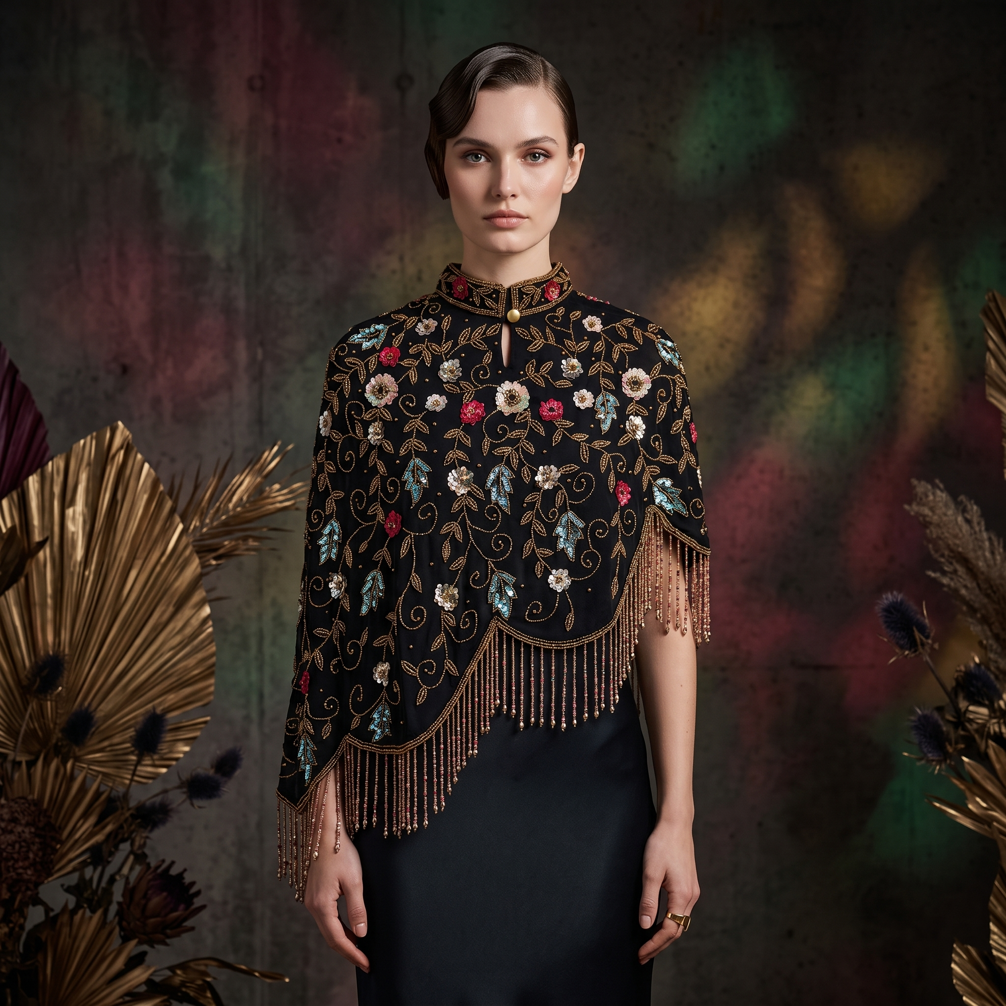 Midnight Botanica Asymmetrical Beaded Cape