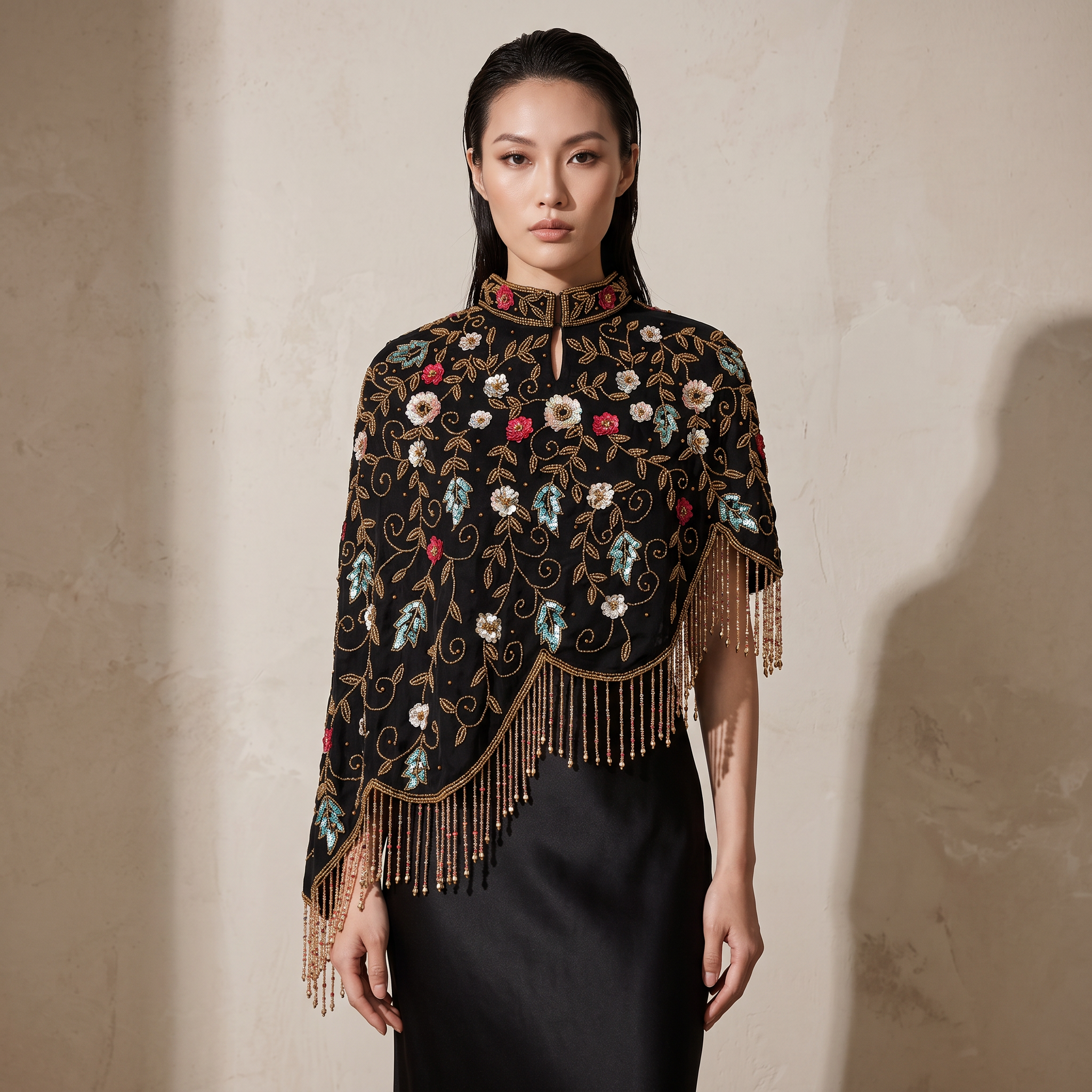 Midnight Botanica Asymmetrical Beaded Cape