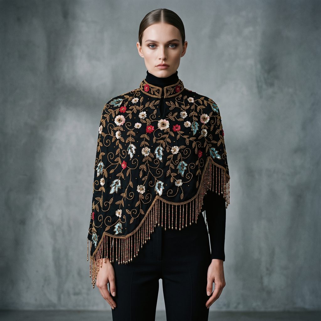 Midnight Botanica Asymmetrical Beaded Cape