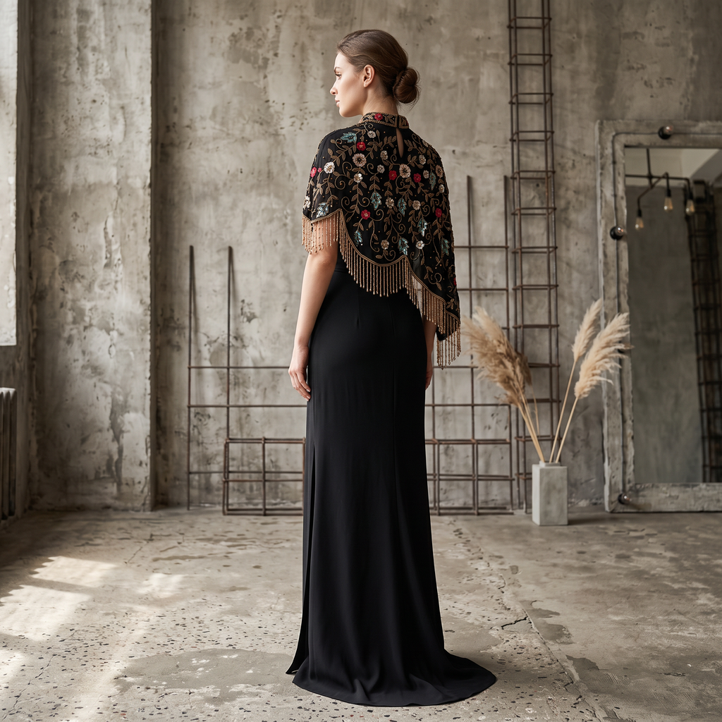 Midnight Botanica Asymmetrical Beaded Cape