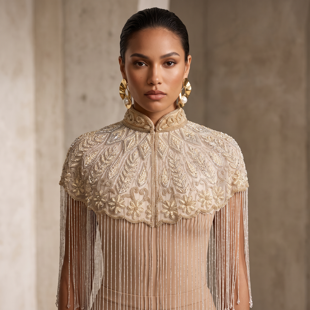 The Mirabelle, Ivory Hand-Beaded Floral Fringe Capelet
