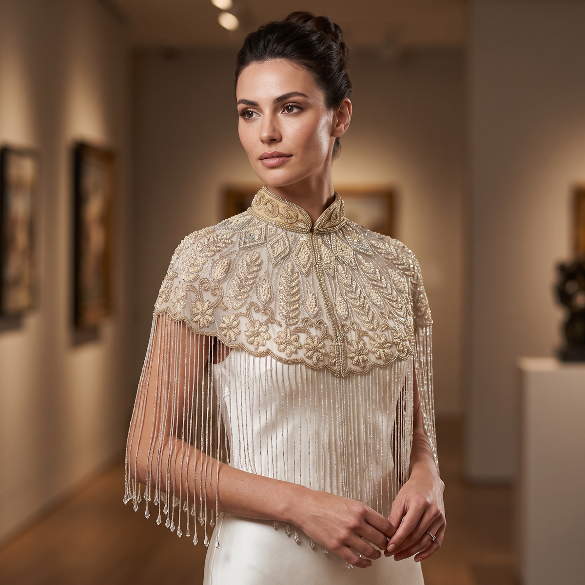 The Mirabelle, Ivory Hand-Beaded Floral Fringe Capelet