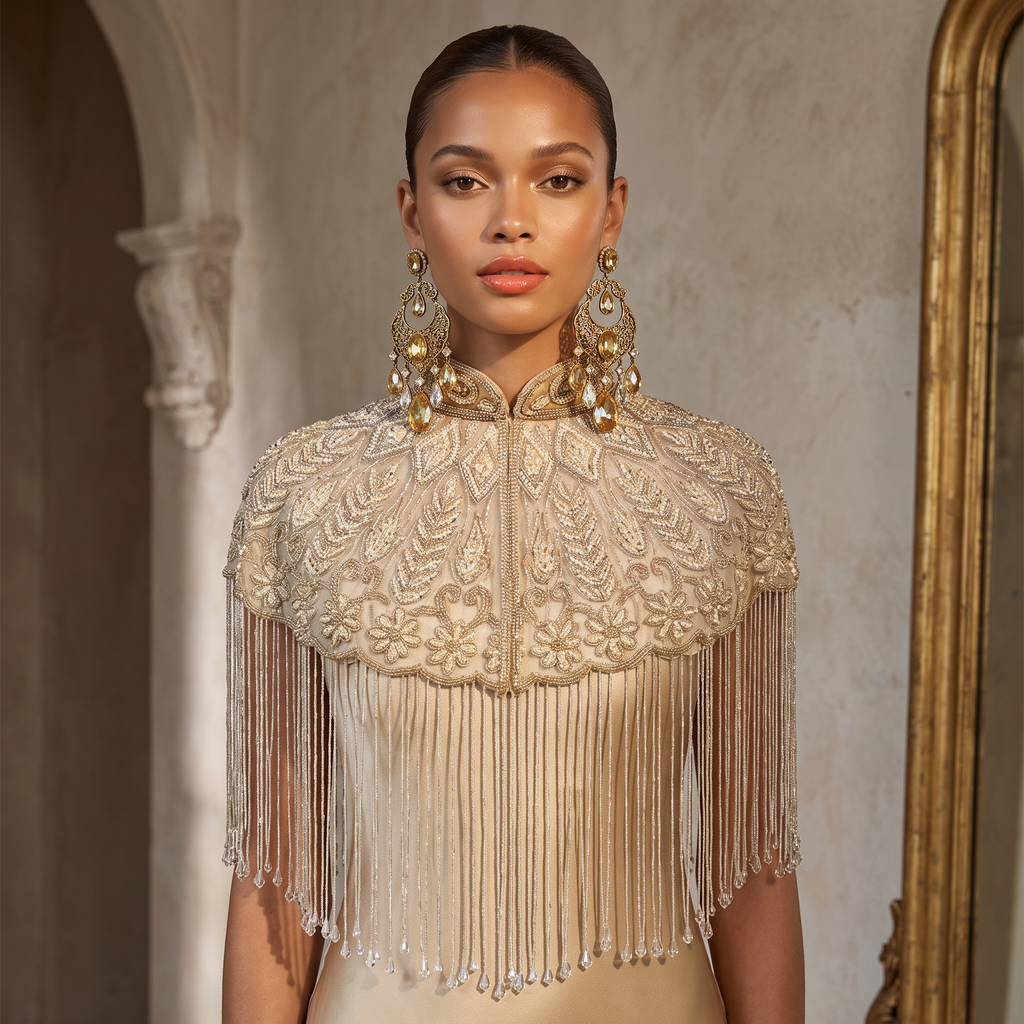 The Mirabelle, Ivory Hand-Beaded Floral Fringe Capelet