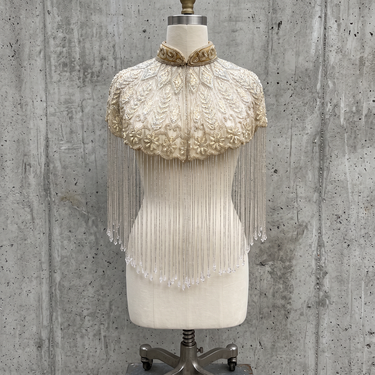 The Mirabelle, Ivory Hand-Beaded Floral Fringe Capelet