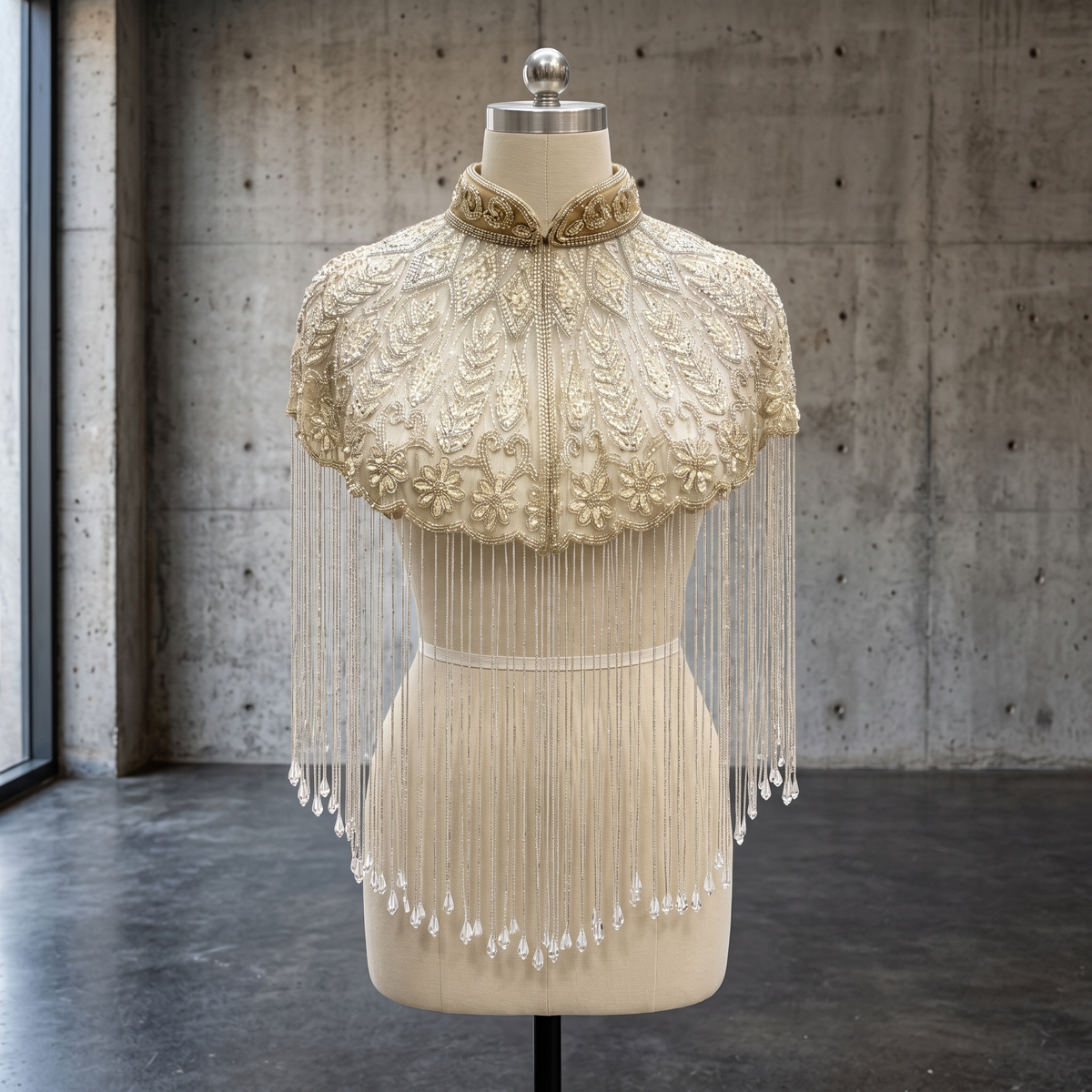 The Mirabelle, Ivory Hand-Beaded Floral Fringe Capelet