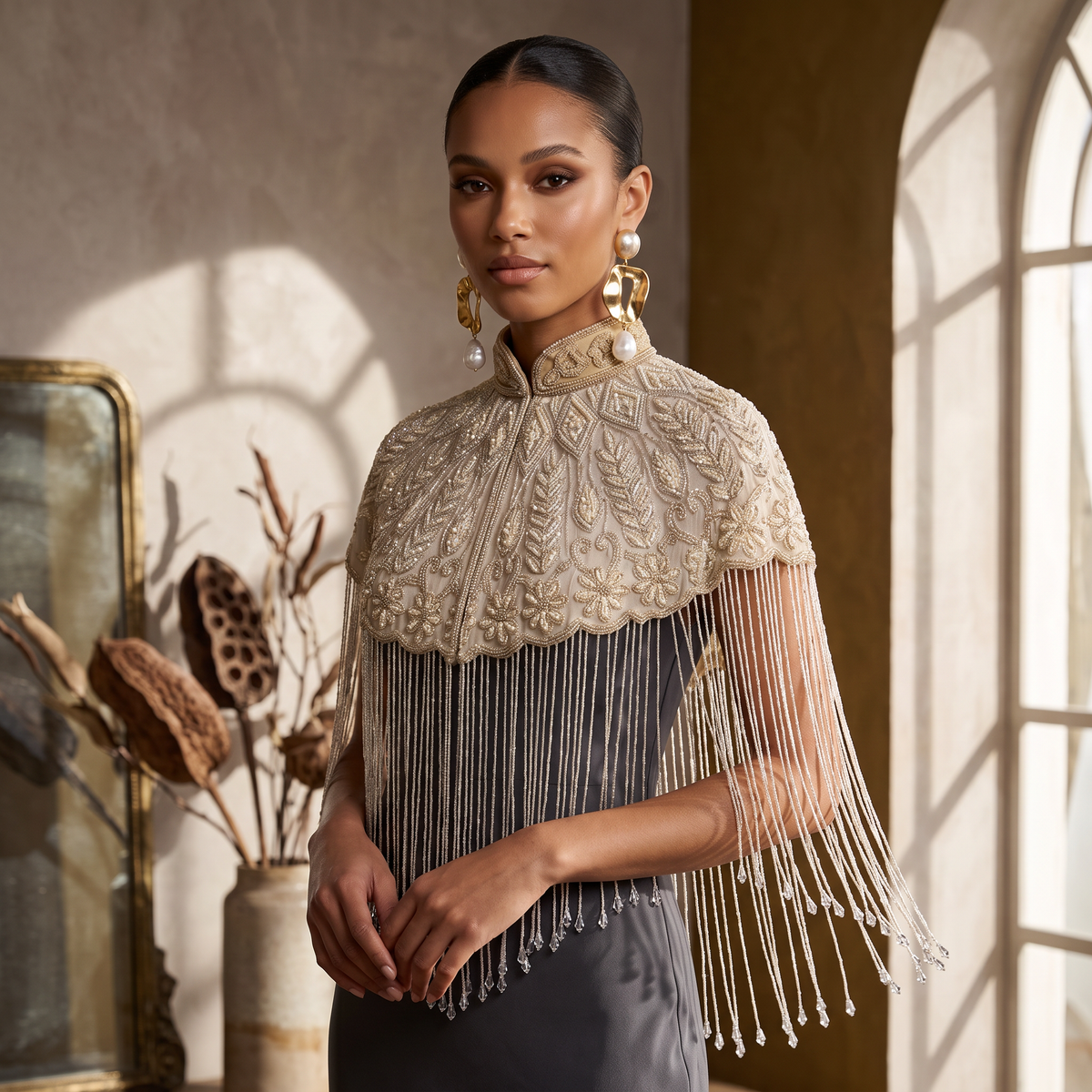 The Mirabelle, Ivory Hand-Beaded Floral Fringe Capelet
