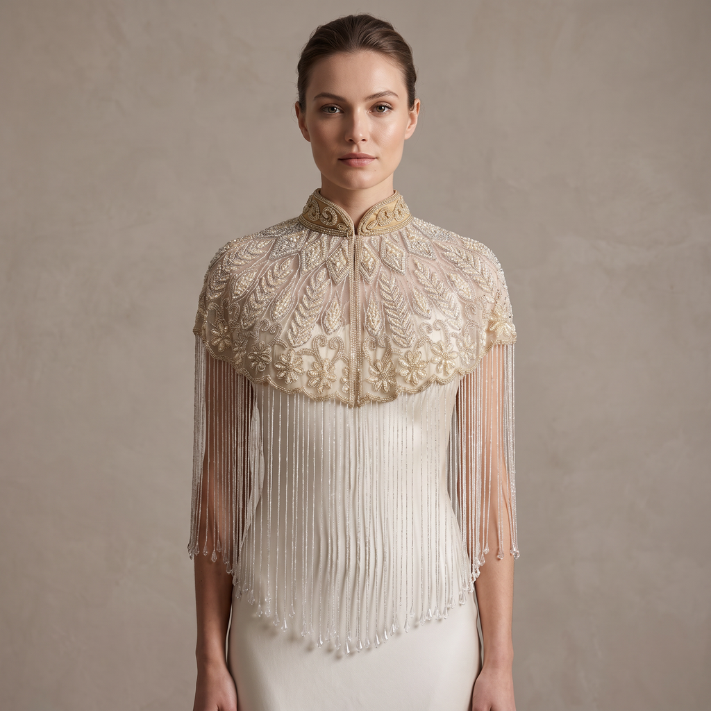 The Mirabelle, Ivory Hand-Beaded Floral Fringe Capelet