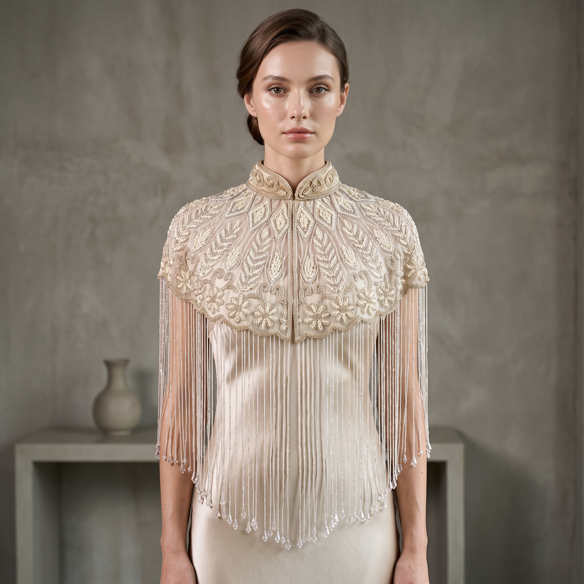 The Mirabelle, Ivory Hand-Beaded Floral Fringe Capelet