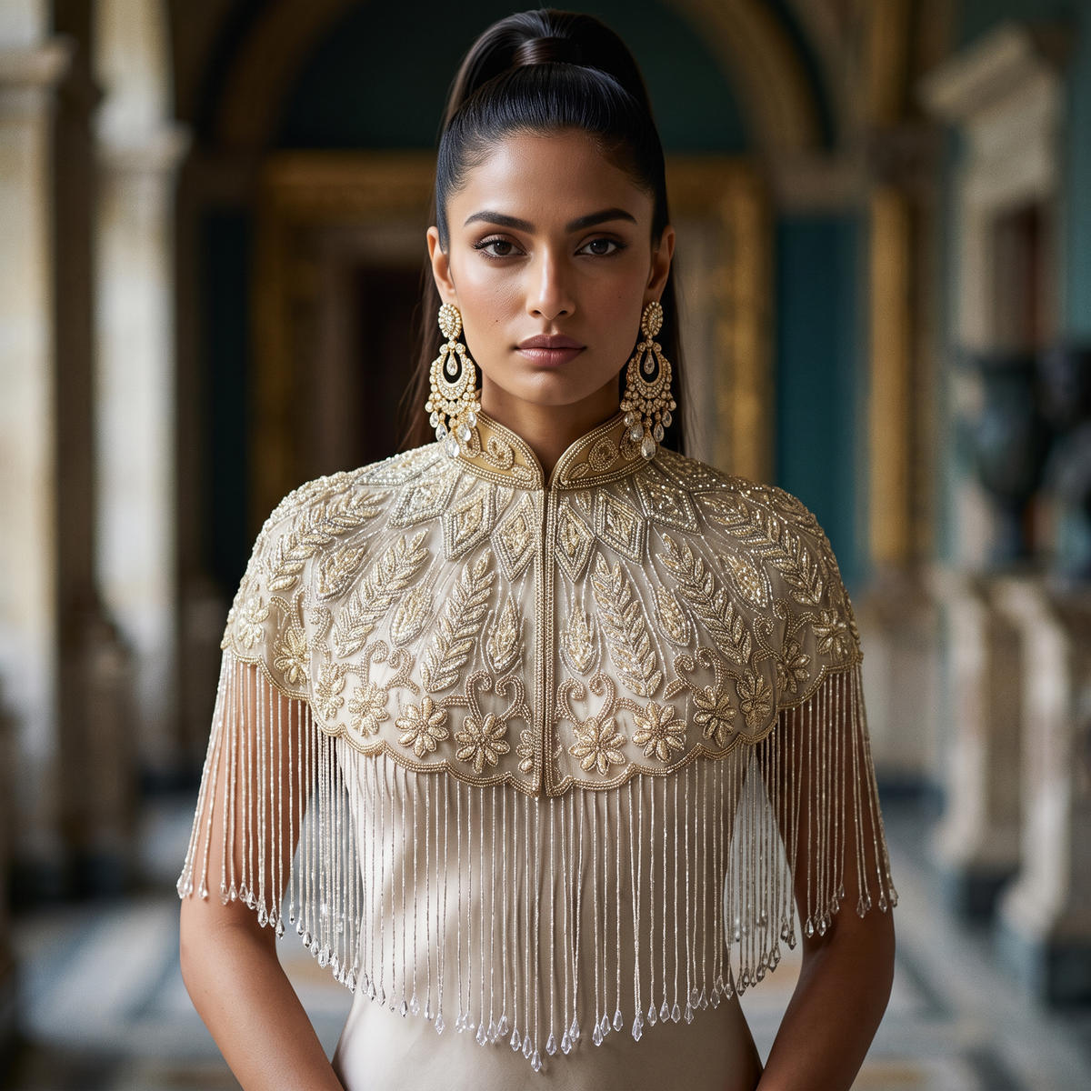 The Mirabelle, Ivory Hand-Beaded Floral Fringe Capelet