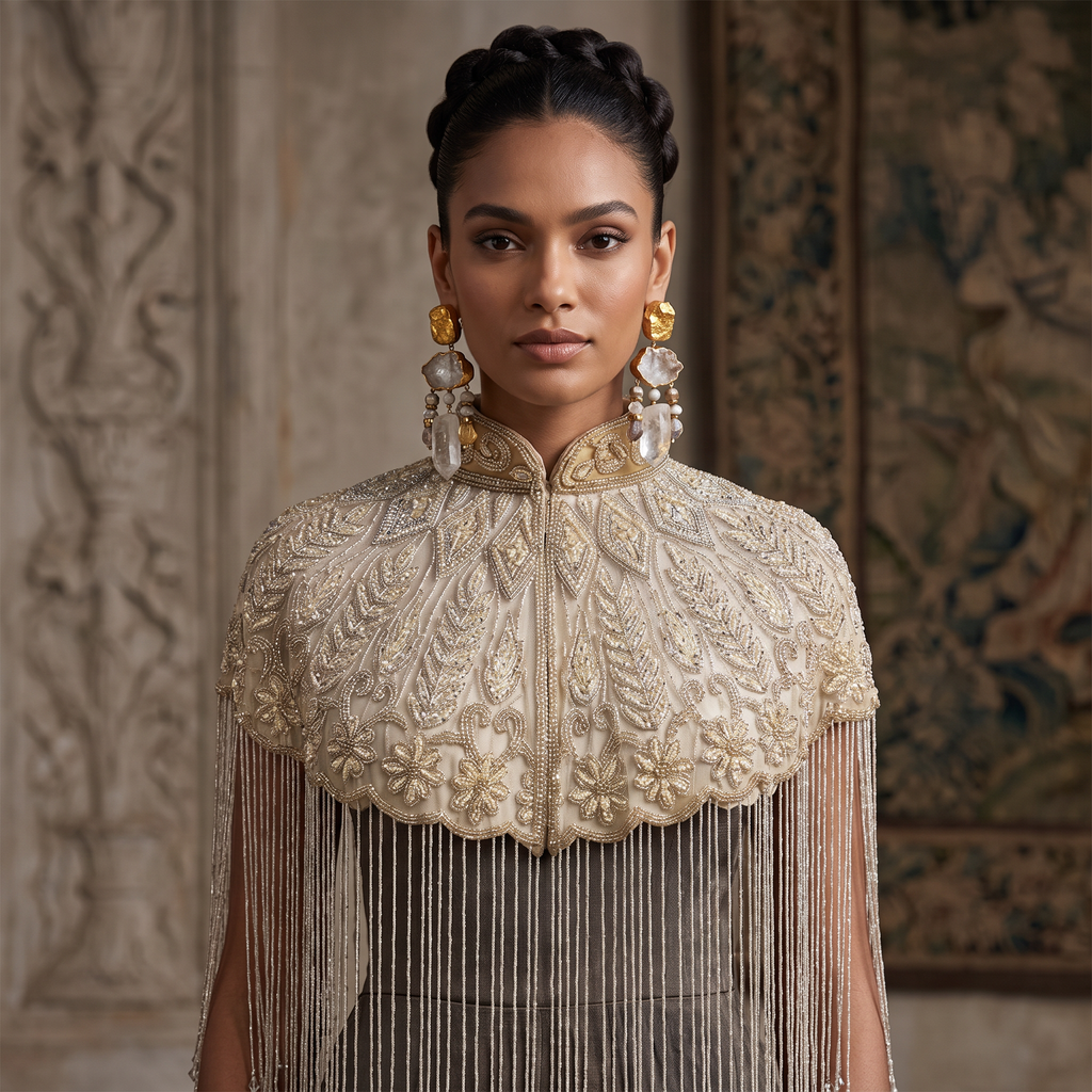 The Mirabelle, Ivory Hand-Beaded Floral Fringe Capelet
