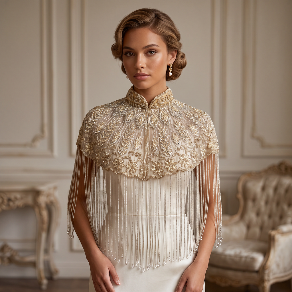 The Mirabelle, Ivory Hand-Beaded Floral Fringe Capelet