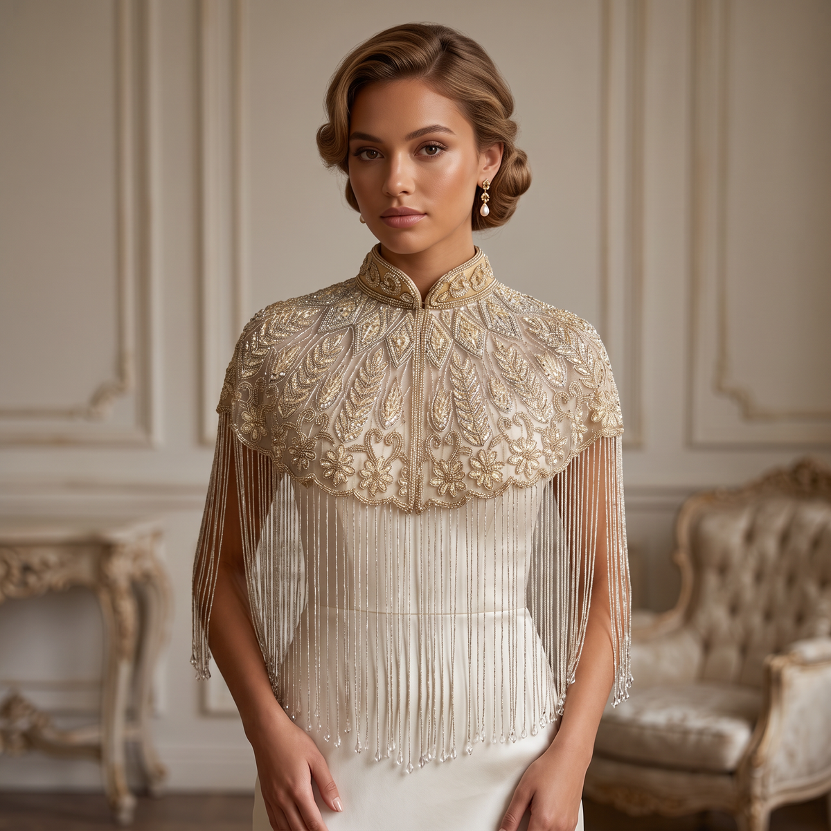 The Mirabelle, Ivory Hand-Beaded Floral Fringe Capelet