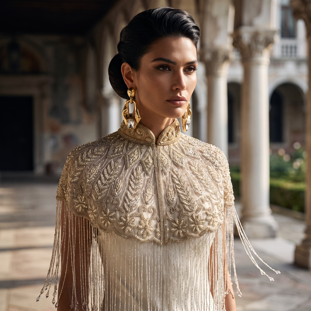 The Mirabelle, Ivory Hand-Beaded Floral Fringe Capelet