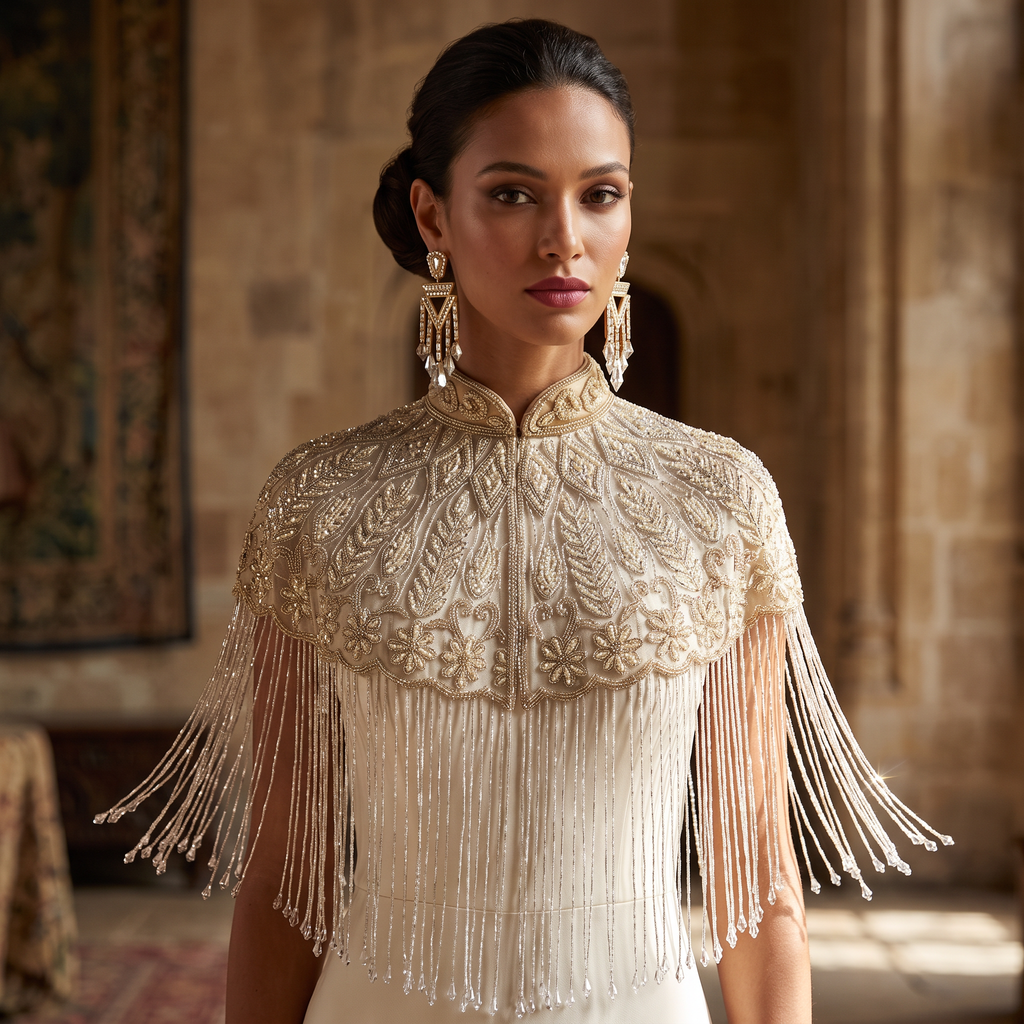The Mirabelle, Ivory Hand-Beaded Floral Fringe Capelet