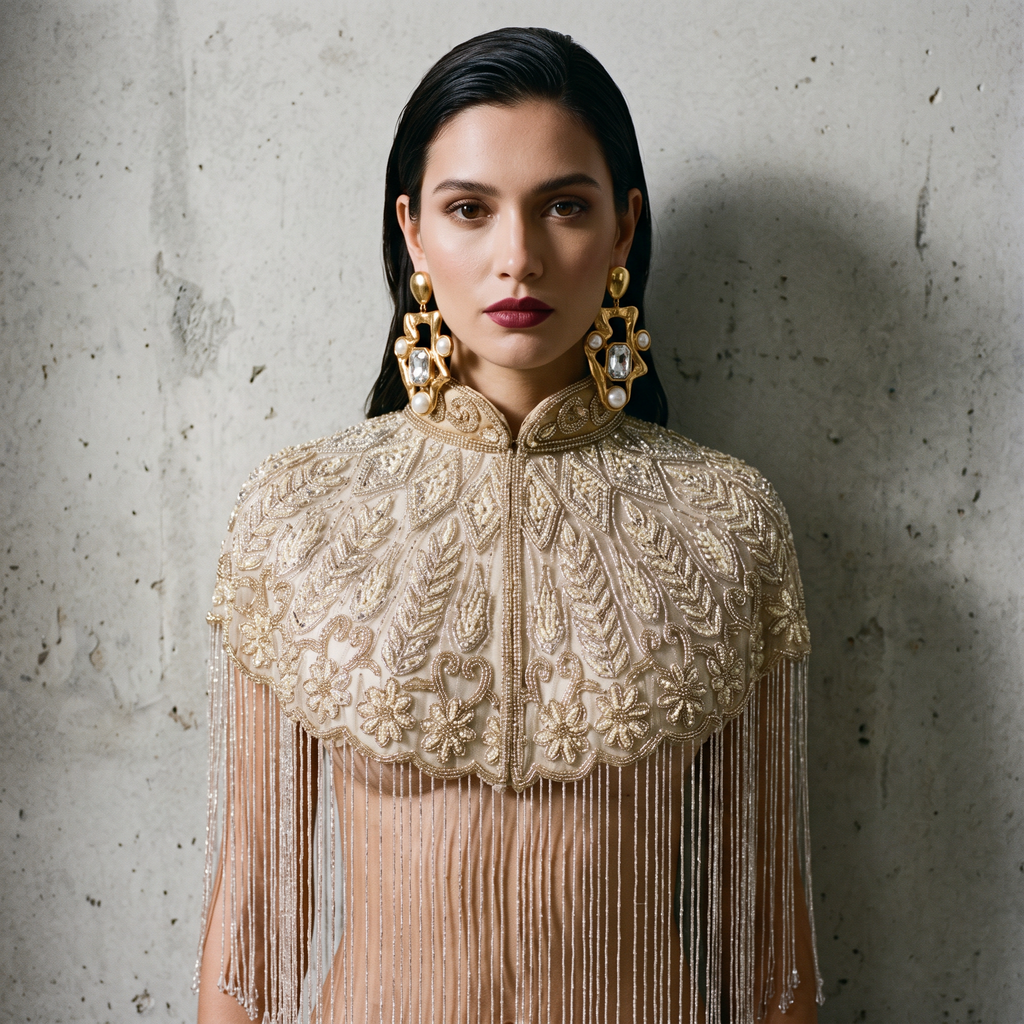 The Mirabelle, Ivory Hand-Beaded Floral Fringe Capelet