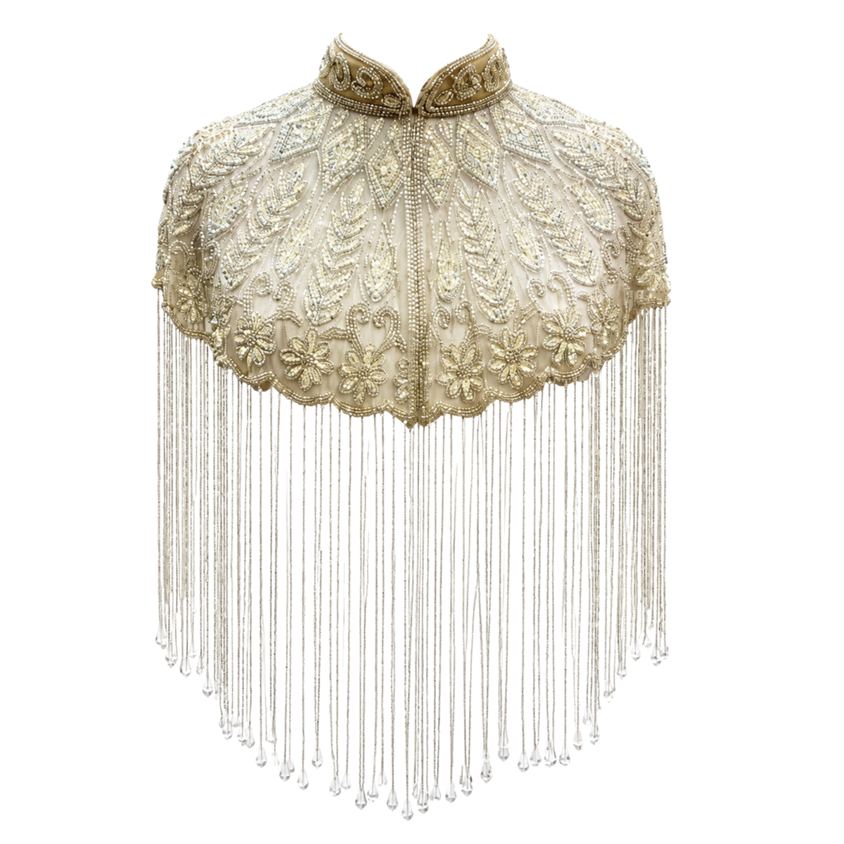 The Mirabelle, Ivory Hand-Beaded Floral Fringe Capelet