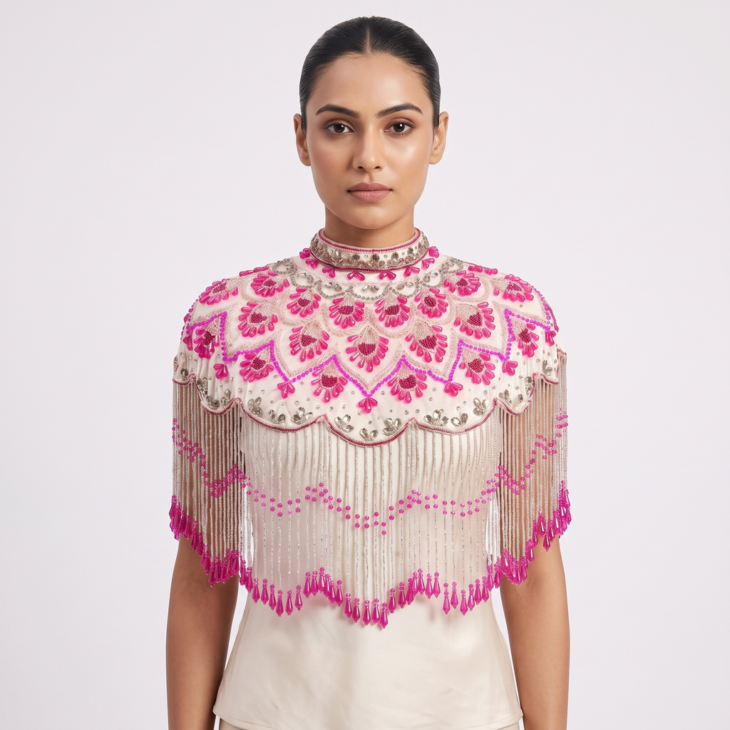 The Azalea | Fuchsia & Ivory Beaded Fringe Capelet