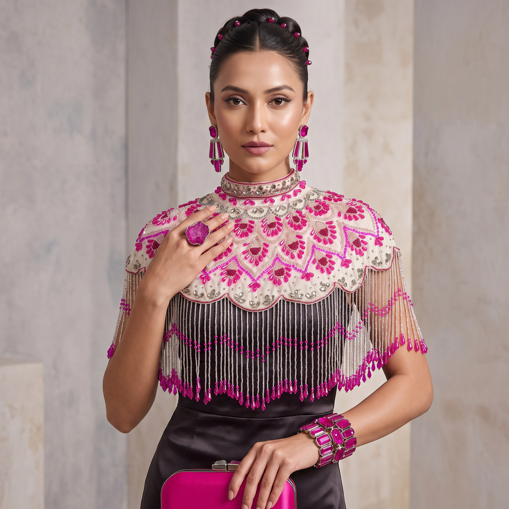 The Azalea | Fuchsia & Ivory Beaded Fringe Capelet