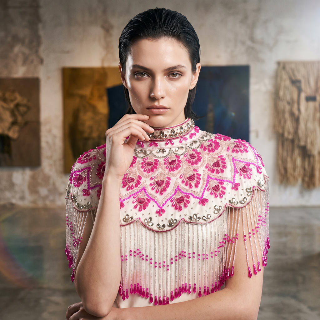 The Azalea | Fuchsia & Ivory Beaded Fringe Capelet
