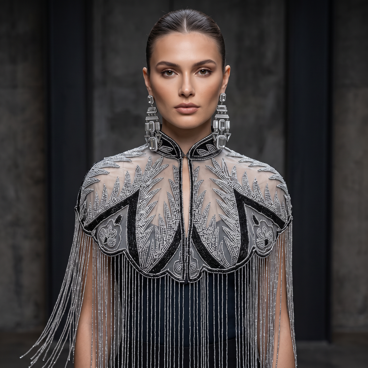 Palm Royale | Black & Silver Hand-Beaded Fringe Capelet