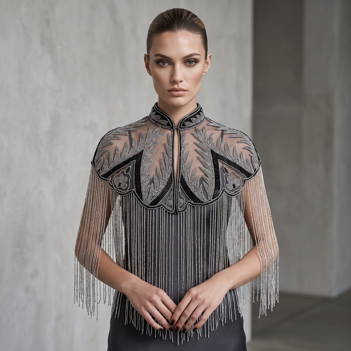 Palm Royale | Black & Silver Hand-Beaded Fringe Capelet