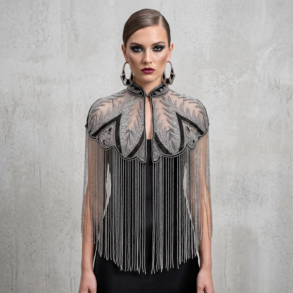 Palm Royale | Black & Silver Hand-Beaded Fringe Capelet