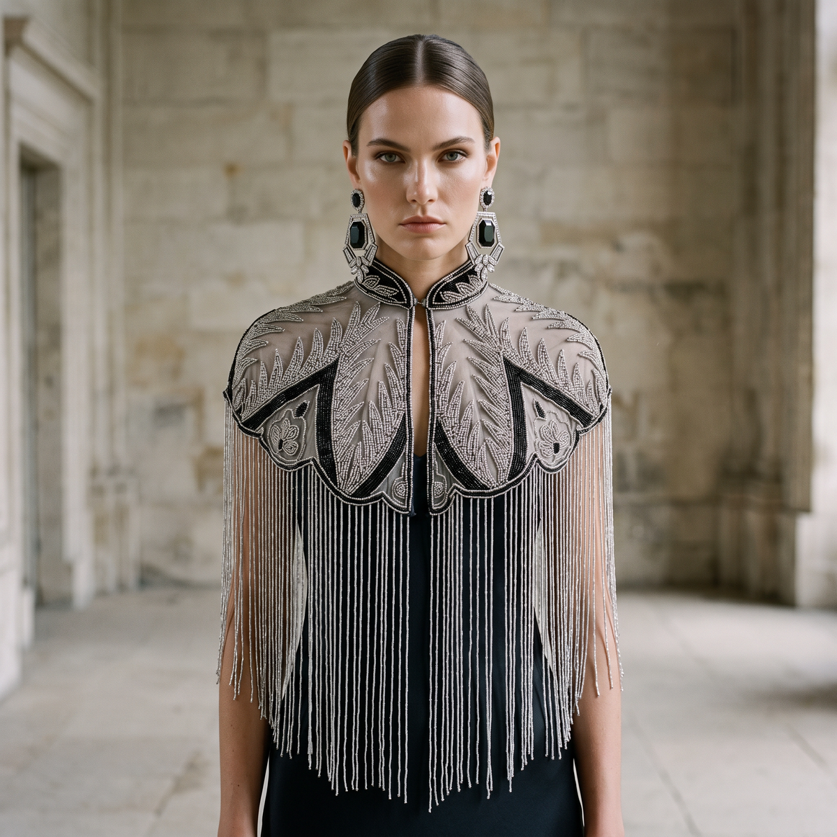 Palm Royale | Black & Silver Hand-Beaded Fringe Capelet