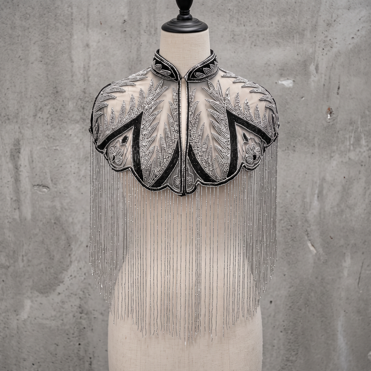 Palm Royale | Black & Silver Hand-Beaded Fringe Capelet