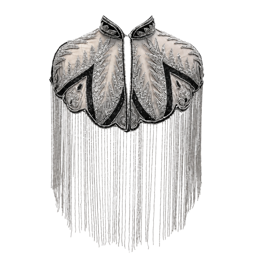 Palm Royale | Black & Silver Hand-Beaded Fringe Capelet