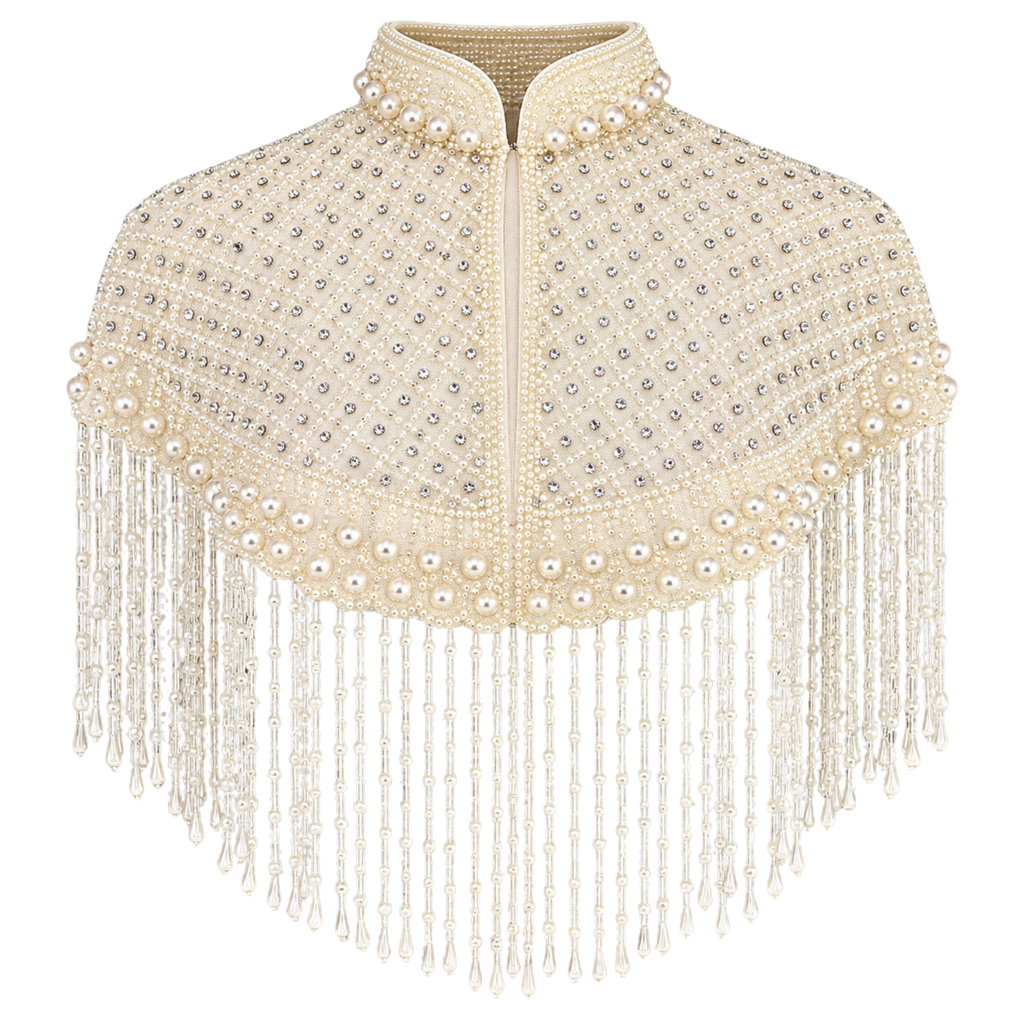 The "Elegant Pearl" Beaded Fringe Cape, Ivory