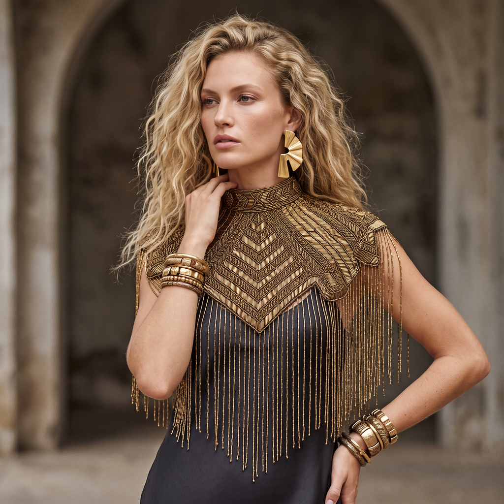 The "Marquee" Beaded Fringe Cape, Gold