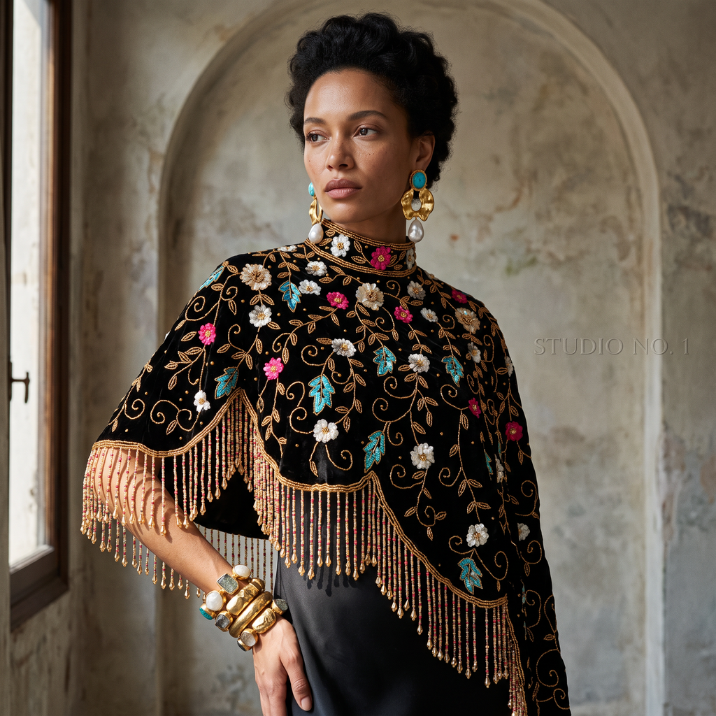 Midnight Botanica Asymmetrical Beaded Cape