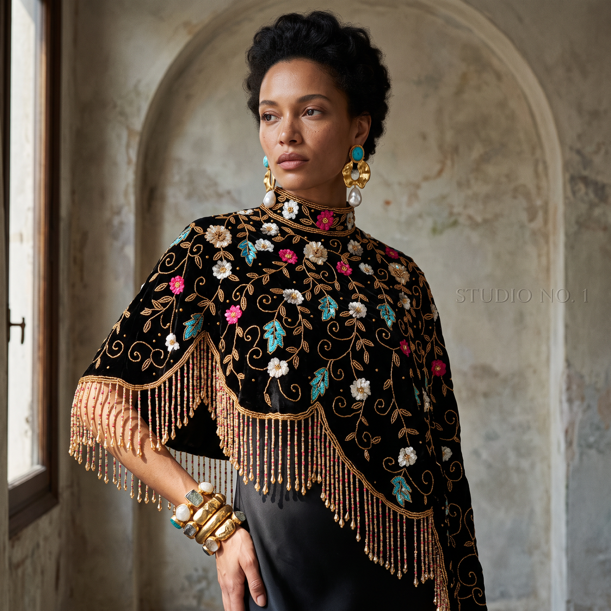 Midnight Botanica Asymmetrical Beaded Cape